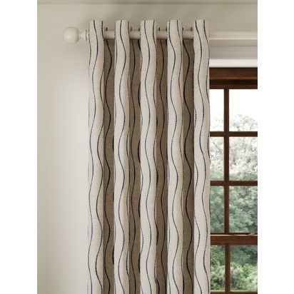 John Lewis Picot Stripe Embroidery Pair Lined Eyelet Curtains Navy | W228 x Drop 228cm