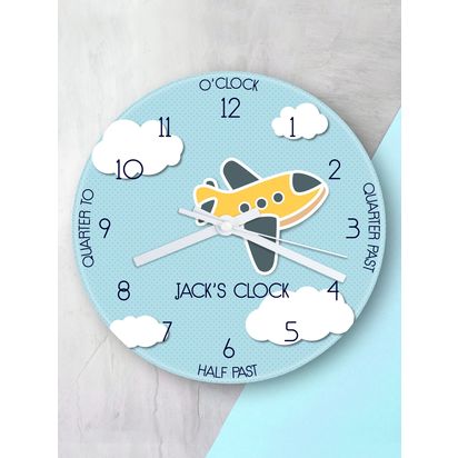 Treat Republic Kids' Personalised Aeroplane Glass Wall Clock, 20cm, Blue Blue | D3 x Dia.20cm