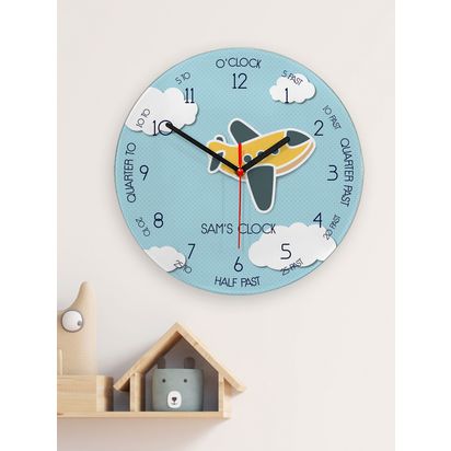 Treat Republic Kids' Personalised Aeroplane Glass Wall Clock, 20cm, Blue Blue | D3 x Dia.20cm