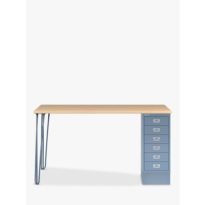 Bisley MultiDesk Oak Veneer Home Office Desk with 6 Drawers, 140cm Blue/Oak | H73.5 x W140 x D60cm