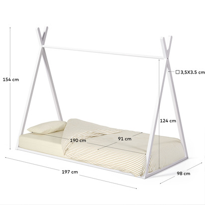 Maralis teepee bed made of solid beech wood with a white finish, for 90 x 190 cm mattresse