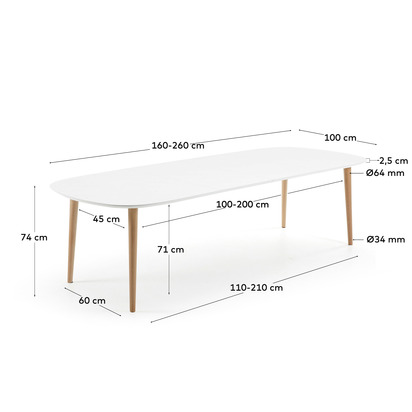 Oqui extendable oval table with an oak veneer and solid wood legs, Ã˜ 160 (260) x 100 cm