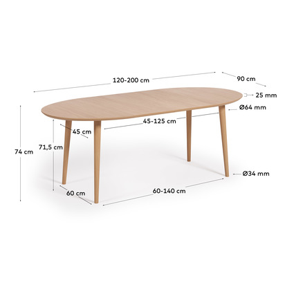 Oqui extendable oval table with an oak veneer and solid wood legs, Ã˜ 120 (200) x 90 cm
