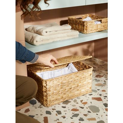 John Lewis ANYDAY Water Hyacinth Lidded Storage Basket Natural | H20 x W40 x D30cm