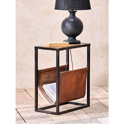 nkuku Alera Mango Wood & Leather Magazine Rack Side Table, Natural Natural | H56 x W46 x D25cm