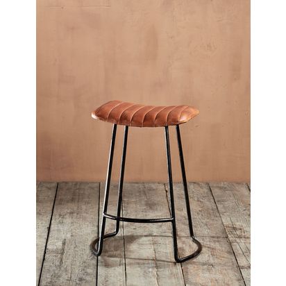 nkuku Narwana Ribbed Leather Stool, 60.5cm, Aged Tan Aged Tan | H60.5 x W46 x D38.5cm