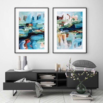 Teal Still Waters - Print Set Of 2 40 x 50 cm Black Frame
