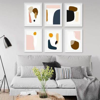 Modern Colourful Abstract Gallery Wall Art Set White Frame