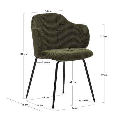 Yunia chair in green wide seam corduroy with steel legs in a painted black finish FR