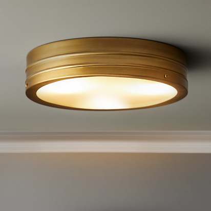 Wisteria IP44 flush ceiling light in antique brass and frosted glass