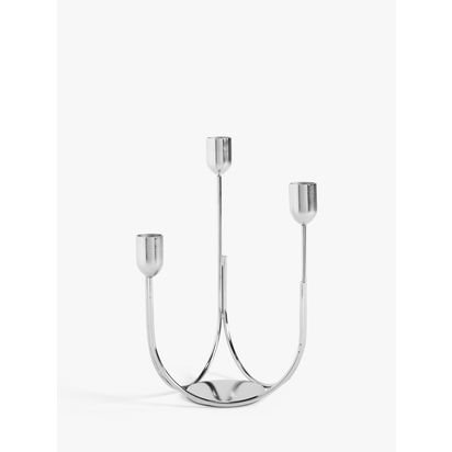 John Lewis Plain Steel Three Prong Candelabra Candle Holder Silver | H23 x W16 x D14cm