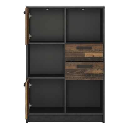 Kendal 2 Low Bookcase with 2 Doors and 2 Drawers in Walnut and Dark Matera Grey