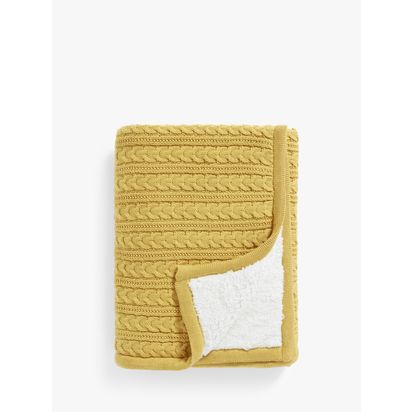 John Lewis Kids' Cable Knit Sherpa Fleece Throw, 150 x 100cm Ochre | H0.50 x W100 x D150cm