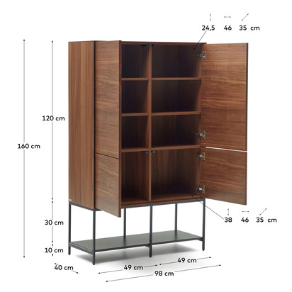 Vedrana 4 door tall sideboard in walnut veneer with steel legs, 97.5 x 160 cm