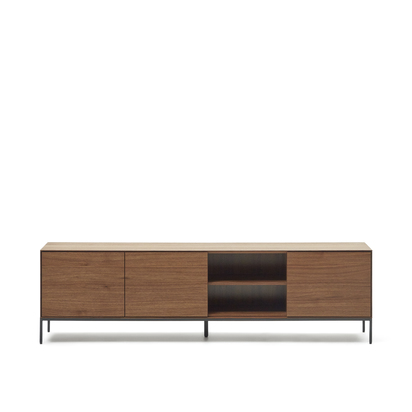 Vedrana 3-door TV stand in walnut veneer with black steel legs, 195 x 55 cm