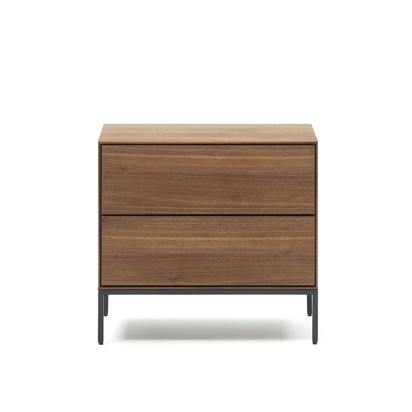 Vedrana bedside table, 2 walnut veneer drawers, and black steel legs, 60 x 55 cm