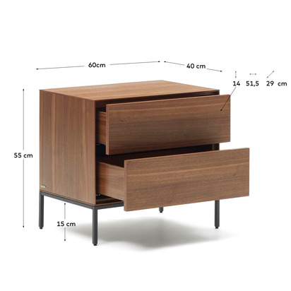 Vedrana bedside table, 2 walnut veneer drawers, and black steel legs, 60 x 55 cm