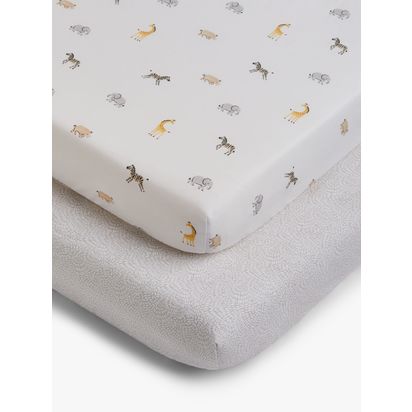 John Lewis Safari Print Cotton Fitted Cotbed Sheet, 70 x 140cm, Pack of 2 Multi | Cotbed 120 x 140cm