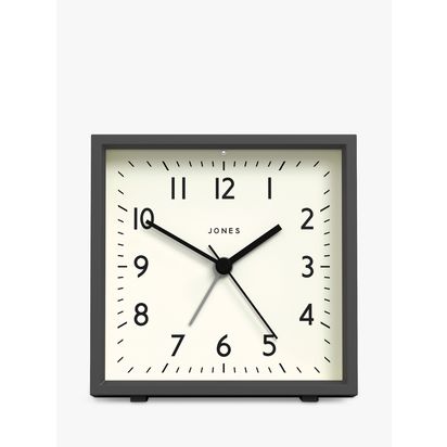 Jones Clocks Disc Square Analogue Alarm Clock Blizzard Grey | H10.5 x W10.5 x D4cm