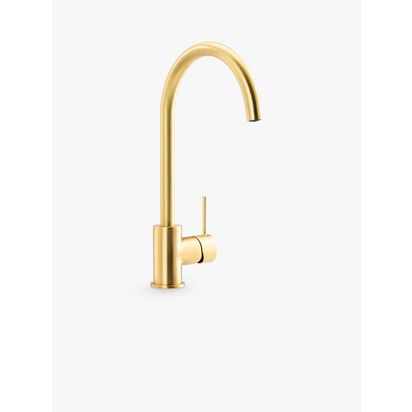 John Lewis Jump Single Lever Kitchen Tap Brushed Brass | Overall height: 334mm, Spout exit: 235mm, Spout reach: 180mm, Base diameter: 48mm
