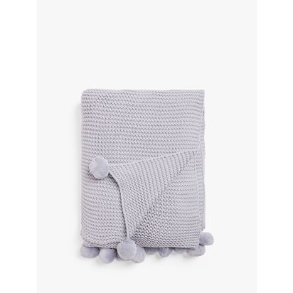 John Lewis Knitted Pom Pure Cotton Throw Purple | H2 x W120 x D140cm