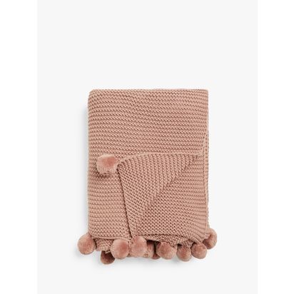 John Lewis Knitted Pom Pure Cotton Throw Plaster | H2 x W120 x D140cm