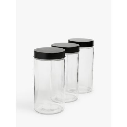 John Lewis Glass Storage Container, Set of 3, 1.7L, Black/Clear Black/Clear | H22 x W11.20 x D11.20cm