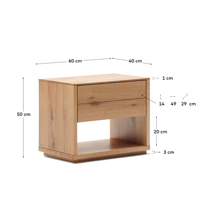 Alguema bedside table in oak wood veneer with natural finish, 60 x 50 cm