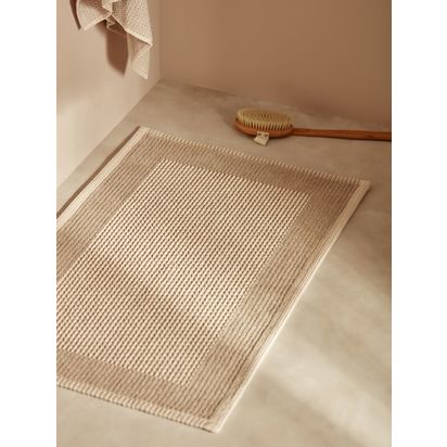 John Lewis Linen Blend Border Bath Mat, Natural Natural | L50 x W80cm