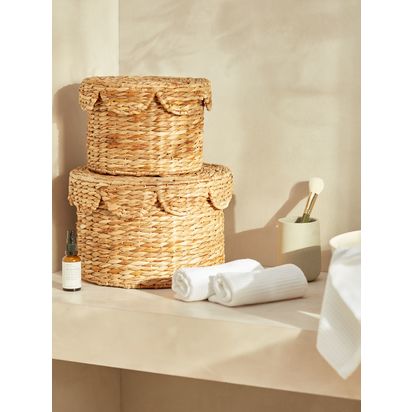 John Lewis Scalloped Edge Bulrush Storage Baskets, Set of 2 Water Hyacinth | Box 1: H20 x Dia.30cm, Box 2: H17 x Dia.24cm