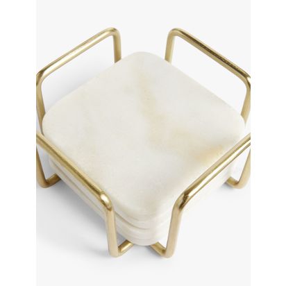 John Lewis Square Marble Coasters & Stainless Steel Stand, Set of 4, White/Gold White / Gold | H7.5 x W12 x D12cm