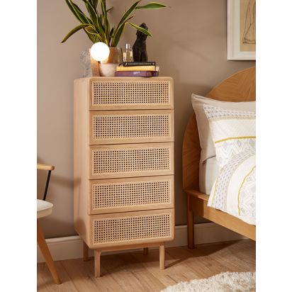 John Lewis Rattan 5 Drawer Tallboy Chest Oak | H119.8cm * W55.0cm * D45.2cm
