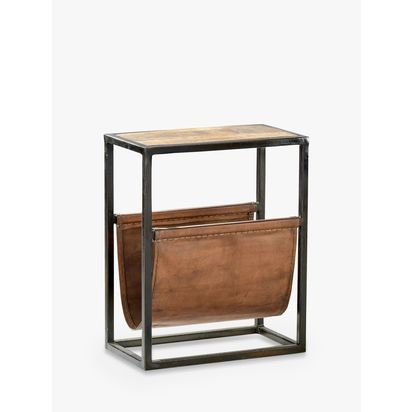 nkuku Alera Mango Wood & Leather Magazine Rack Side Table, Natural Natural | H56 x W46 x D25cm