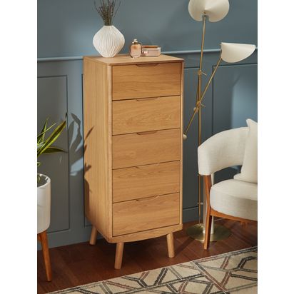 John Lewis Bow 5 Drawer Tall Boy Chest, Oak Oak | H124 x W50 x D45cm