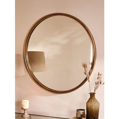 Nkuku Almora Round Metal Wall Mirror, 88cm, Antique Brass Antique Brass | D3 x Dia.88cm