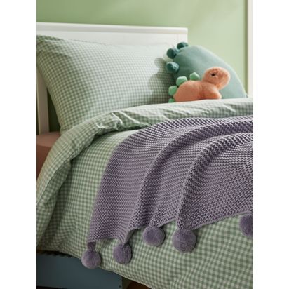 John Lewis Knitted Pom Pure Cotton Throw Purple | H2 x W120 x D140cm