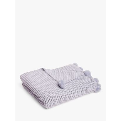 John Lewis Knitted Pom Pure Cotton Throw Purple | H2 x W120 x D140cm