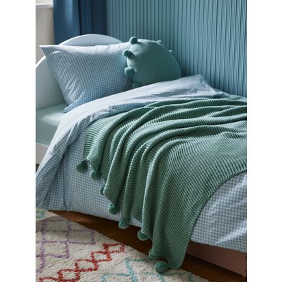 John Lewis Knitted Pom Pure Cotton Throw Mint | H2 x W120 x D140cm