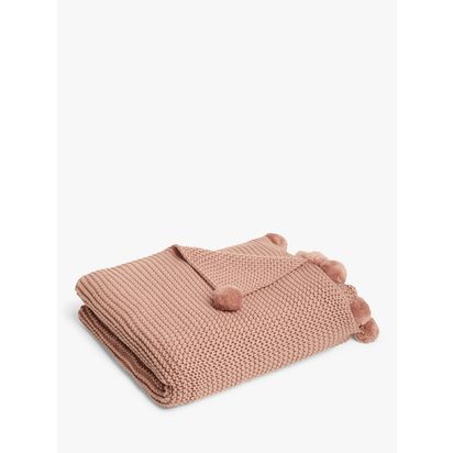 John Lewis Knitted Pom Pure Cotton Throw Plaster | H2 x W120 x D140cm