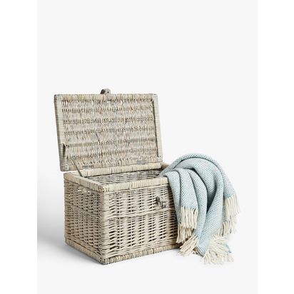 John Lewis Lidded Willow Storage Trunk with Leather Strap, Grey, Small Grey Wash | H38 x W38 x D56cm