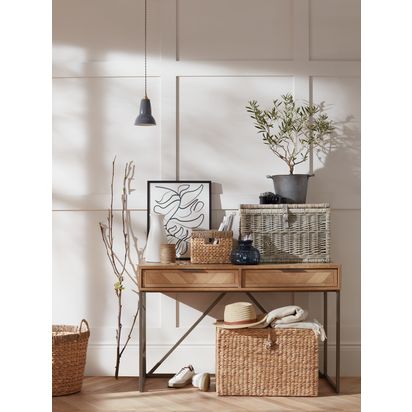 John Lewis Lidded Willow Storage Trunk with Leather Strap, Grey, Small Grey Wash | H38 x W38 x D56cm