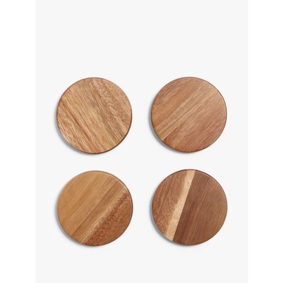John Lewis Acacia Wood Round Coasters & Metal Stand, Set of 4, Natural Natural | H5.4 x W8 x D11.4cm