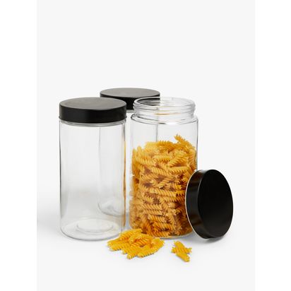 John Lewis Glass Storage Container, Set of 3, 1.7L, Black/Clear Black/Clear | H22 x W11.20 x D11.20cm