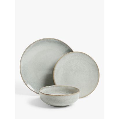 John Lewis ANYDAY Artisan Stoneware Dinnerware Set, 12 Piece Natural | Dinner plate: Dia.26cm, Side plate: Dia.20.5cm, Bowl: Dia.16.cm