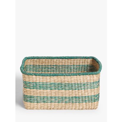 John Lewis Square Seagrass Basket, Natural / Green Natural / Green | L38 x W31 x D20cm