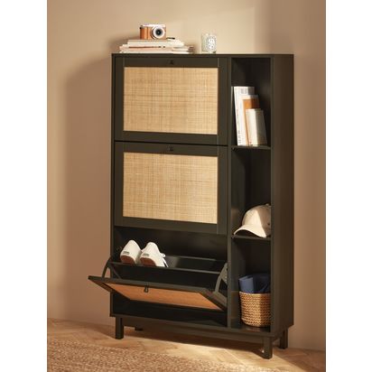 John Lewis Rattan 3 Tier Shoe Storage Unit Black/Natural | H127 x W80 x D24cm