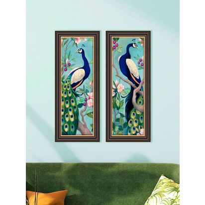 John Lewis Julia Purinton Peacocks Framed Prints, Set of 2, 67 x 27cm, Blue/Multi Blue/Multi | H67 x W27 x D2.5cm