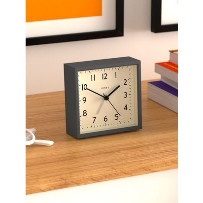 Jones Clocks Disc Square Analogue Alarm Clock Blizzard Grey | H10.5 x W10.5 x D4cm