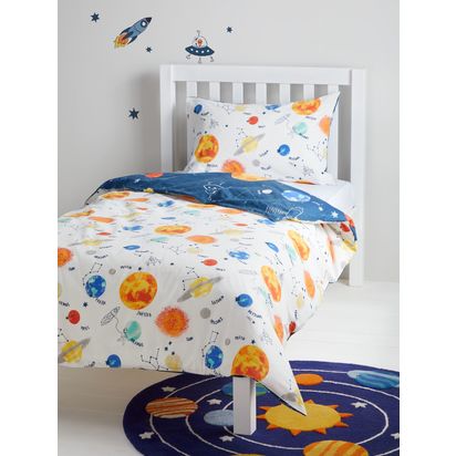 John Lewis Outer Space Glow in the Dark Reversible Pure Cotton Duvet Cover and Pillowcase Set, Navy Navy | H35 x W26 x D40cm