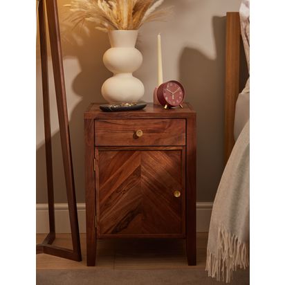 John Lewis Padma 1 Door Parquet Bedside Table Brown/Brass | H65 x W45 x D38cm